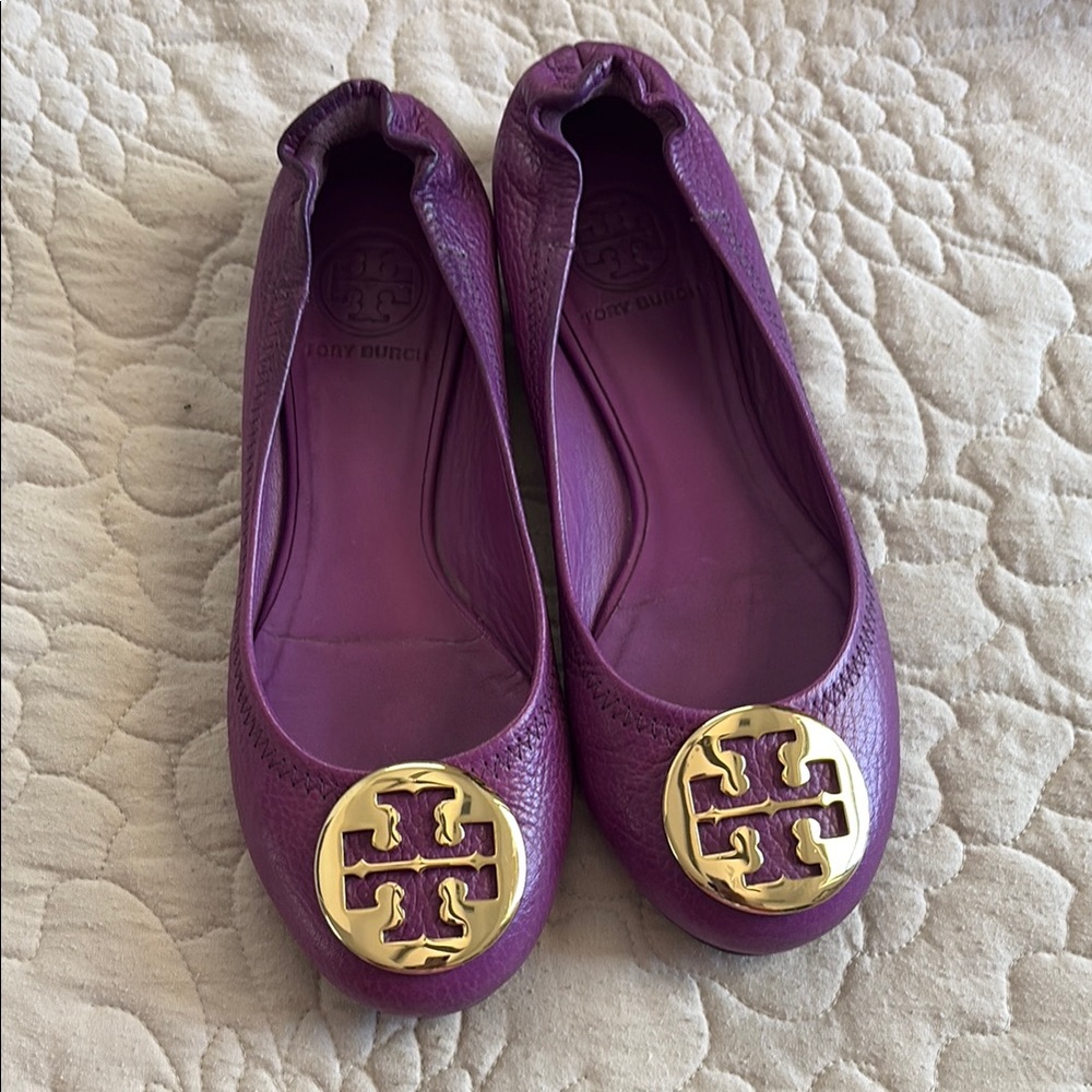 Tory Burch Purple and Gold Flats with Iconic Logo